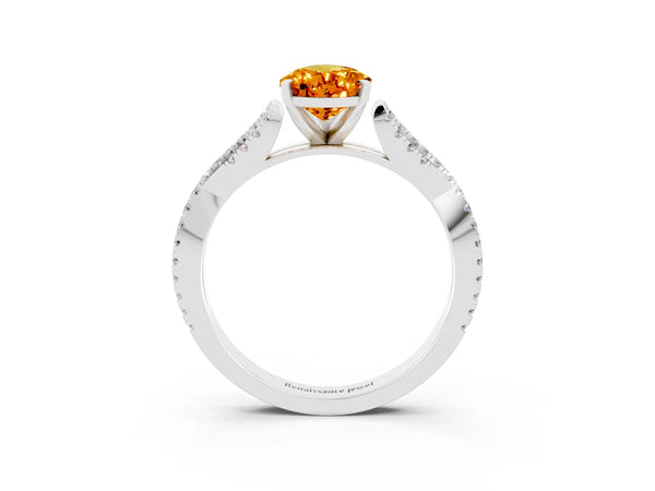 Platinum Pear Cut Citrine Solitaire Engagement Ring with Twisted Pavé Band and Four-Prong Setting