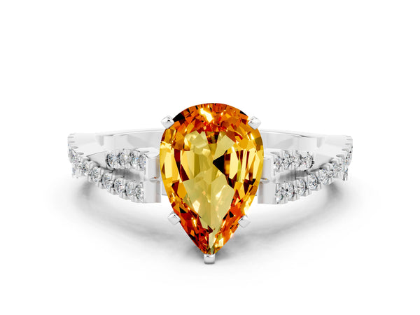 White gold Pear Cut Citrine Solitaire Engagement Ring with Twisted Pavé Band and Four-Prong Setting
