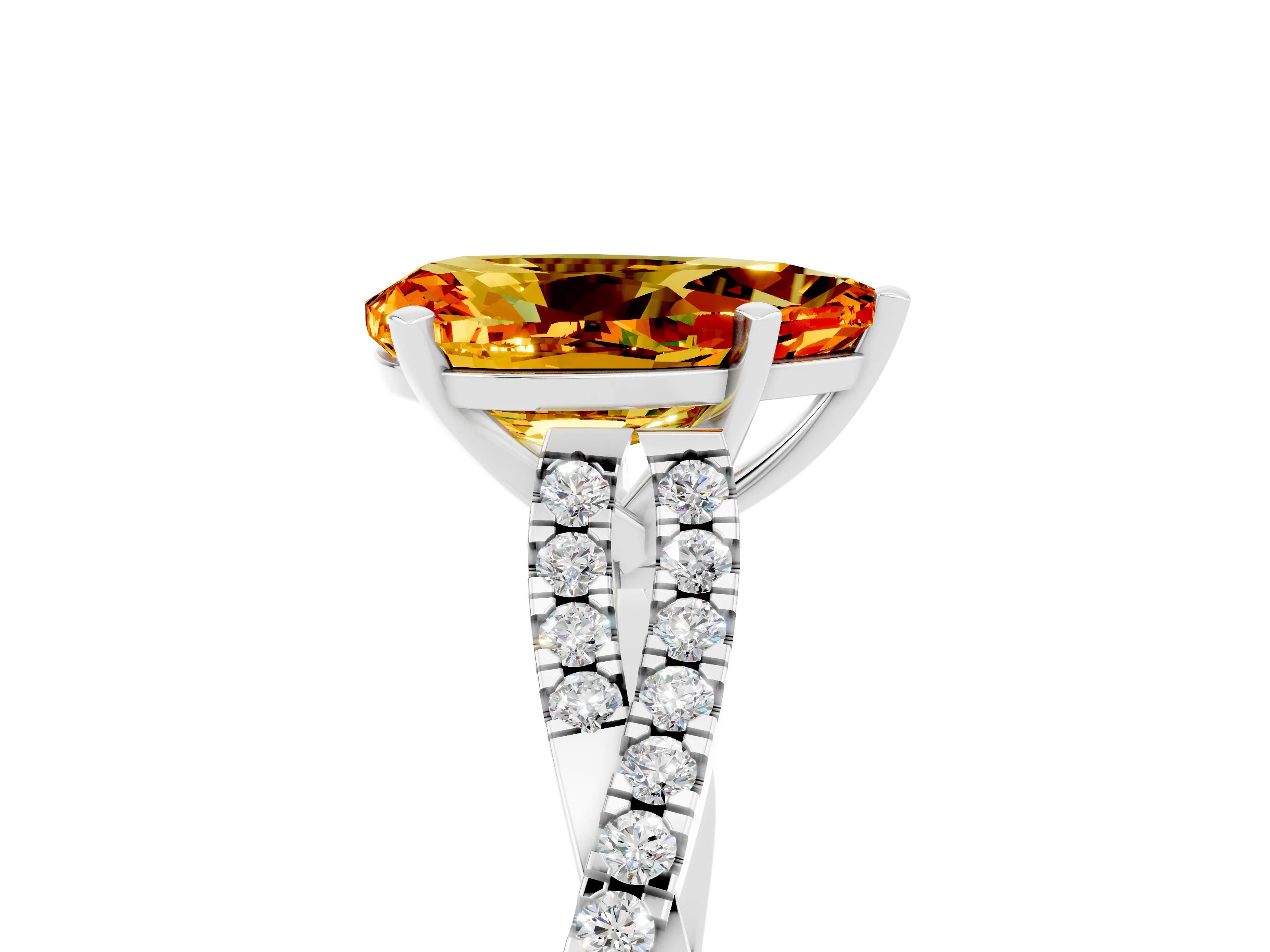 White gold Pear Cut Citrine Solitaire Engagement Ring with Twisted Pavé Band and Four-Prong Setting_5