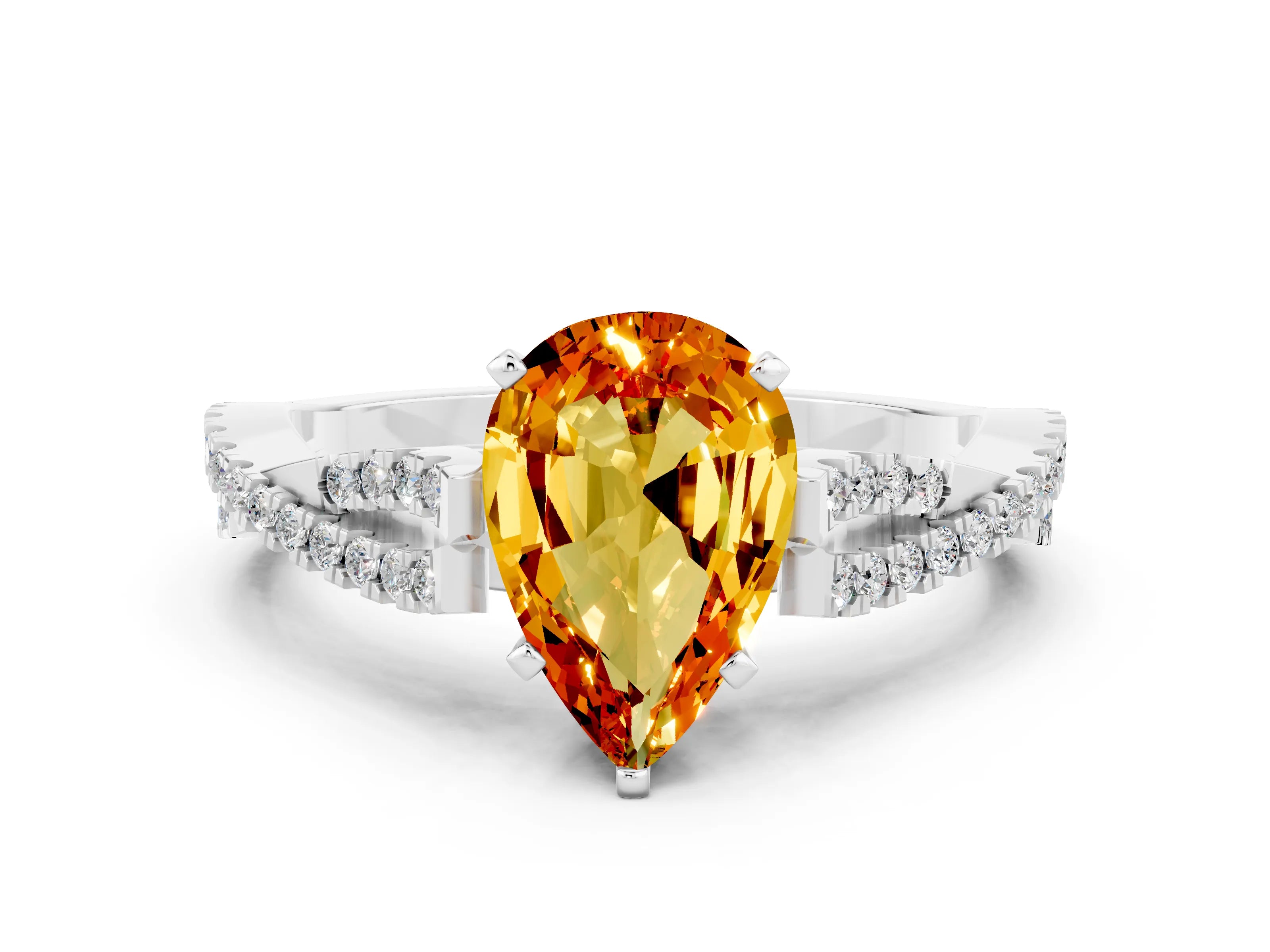 White gold Pear Cut Citrine Solitaire Engagement Ring with Twisted Pavé Band and Four-Prong Setting
