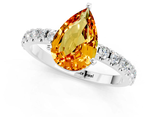 Platinum Pear Cut Citrine Solitaire Pavé Band with Four-Prong Setting