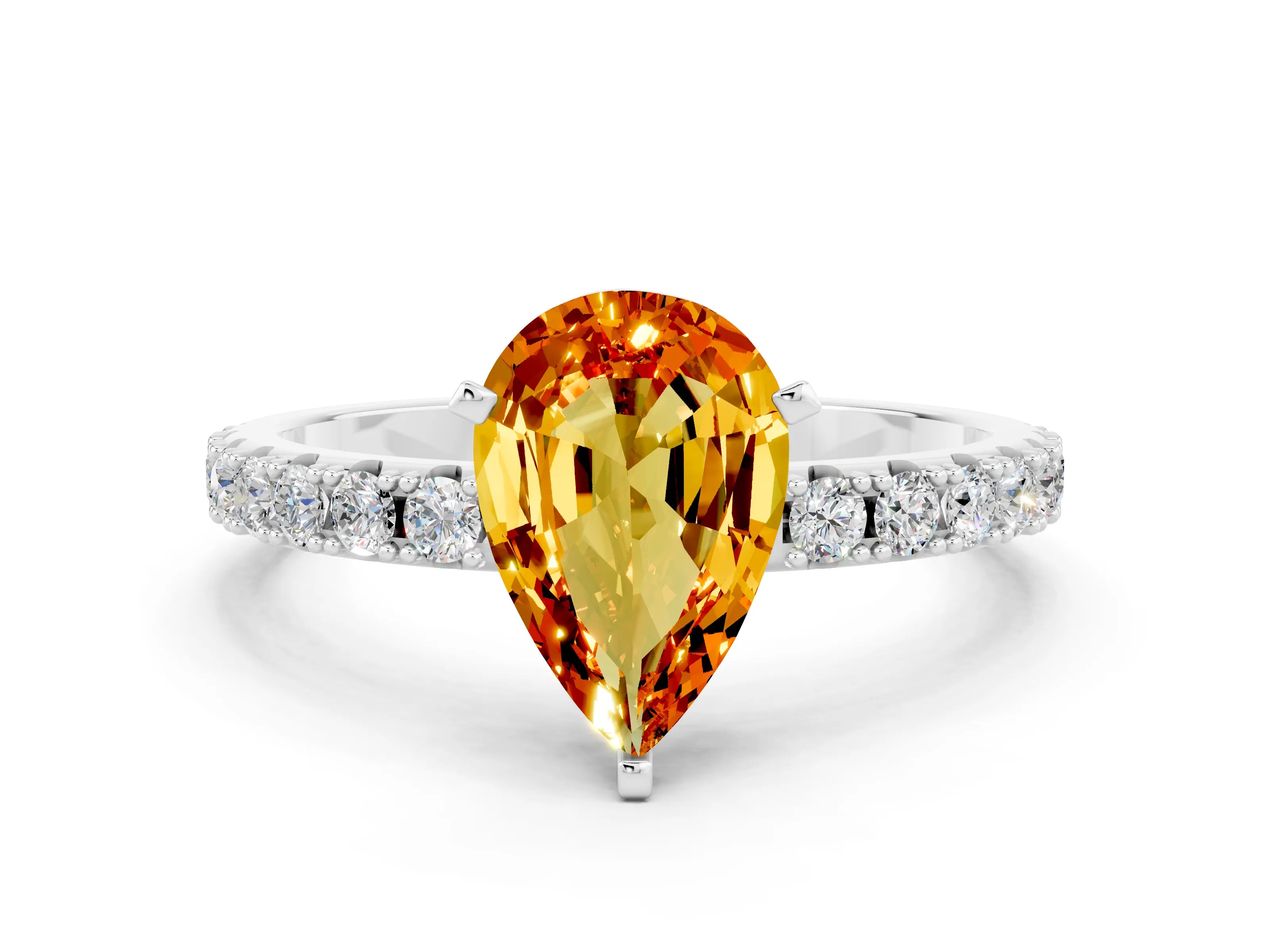 White gold Pear Cut Citrine Solitaire Pavé Band with Four-Prong Setting
