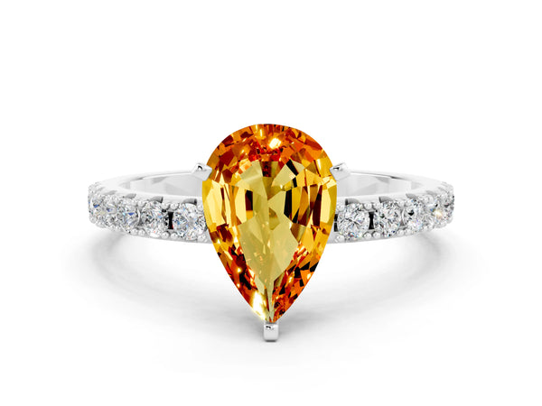 White gold Pear Cut Citrine Solitaire Pavé Band with Four-Prong Setting