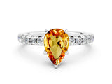 White gold Pear Cut Citrine Solitaire Pavé Engagement Ring with Round Band and Prong Setting_12