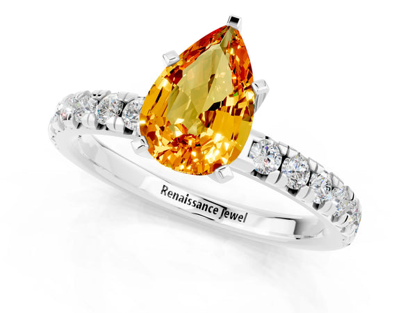 Platinum Pear Cut Citrine Solitaire Pavé Engagement Ring with Round Band and Prong Setting