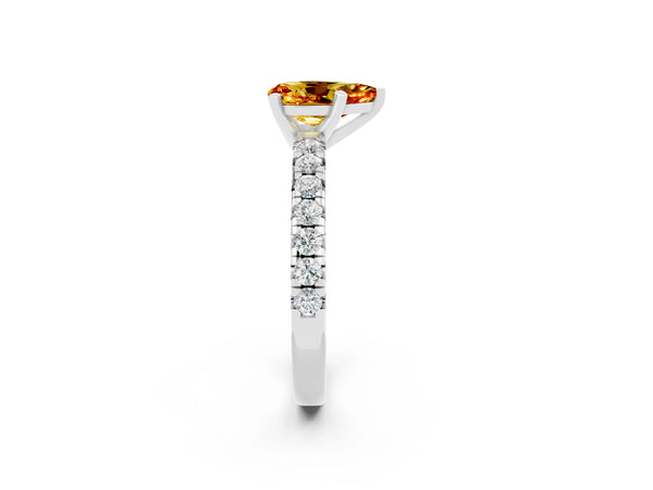 Platinum Pear Cut Citrine Solitaire Pavé Engagement Ring with Round Band and Prong Setting