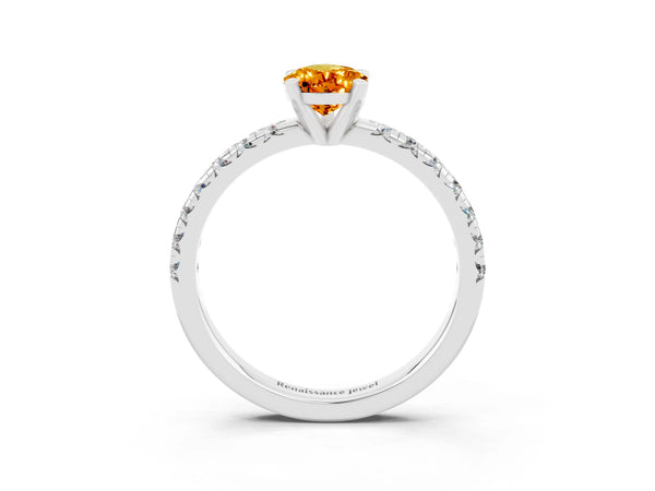 Platinum Pear Cut Citrine Solitaire Pavé Engagement Ring with Round Band and Prong Setting