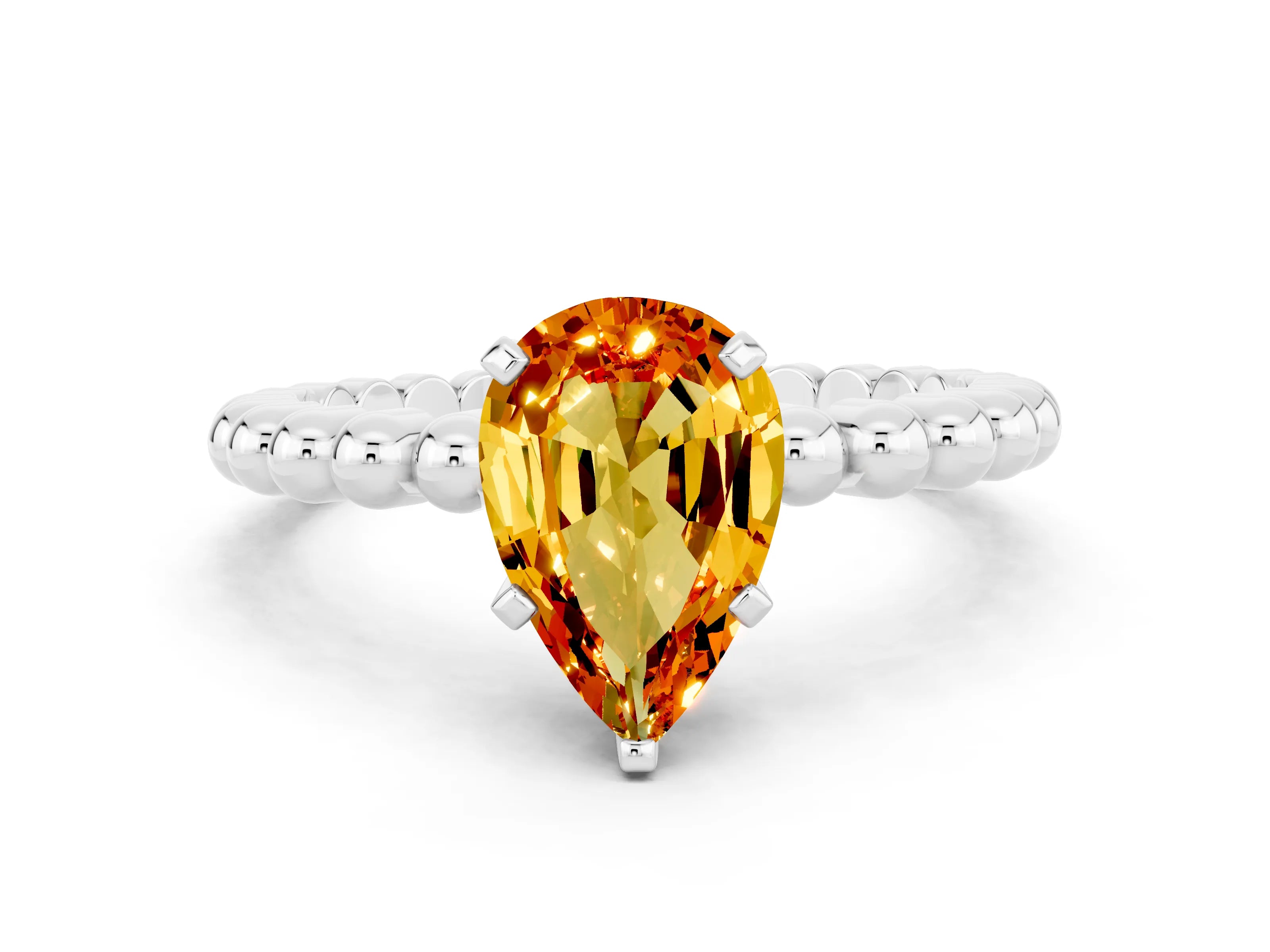 White gold Pear Cut Citrine Solitaire Ring with Beaded Band and Prong Setting