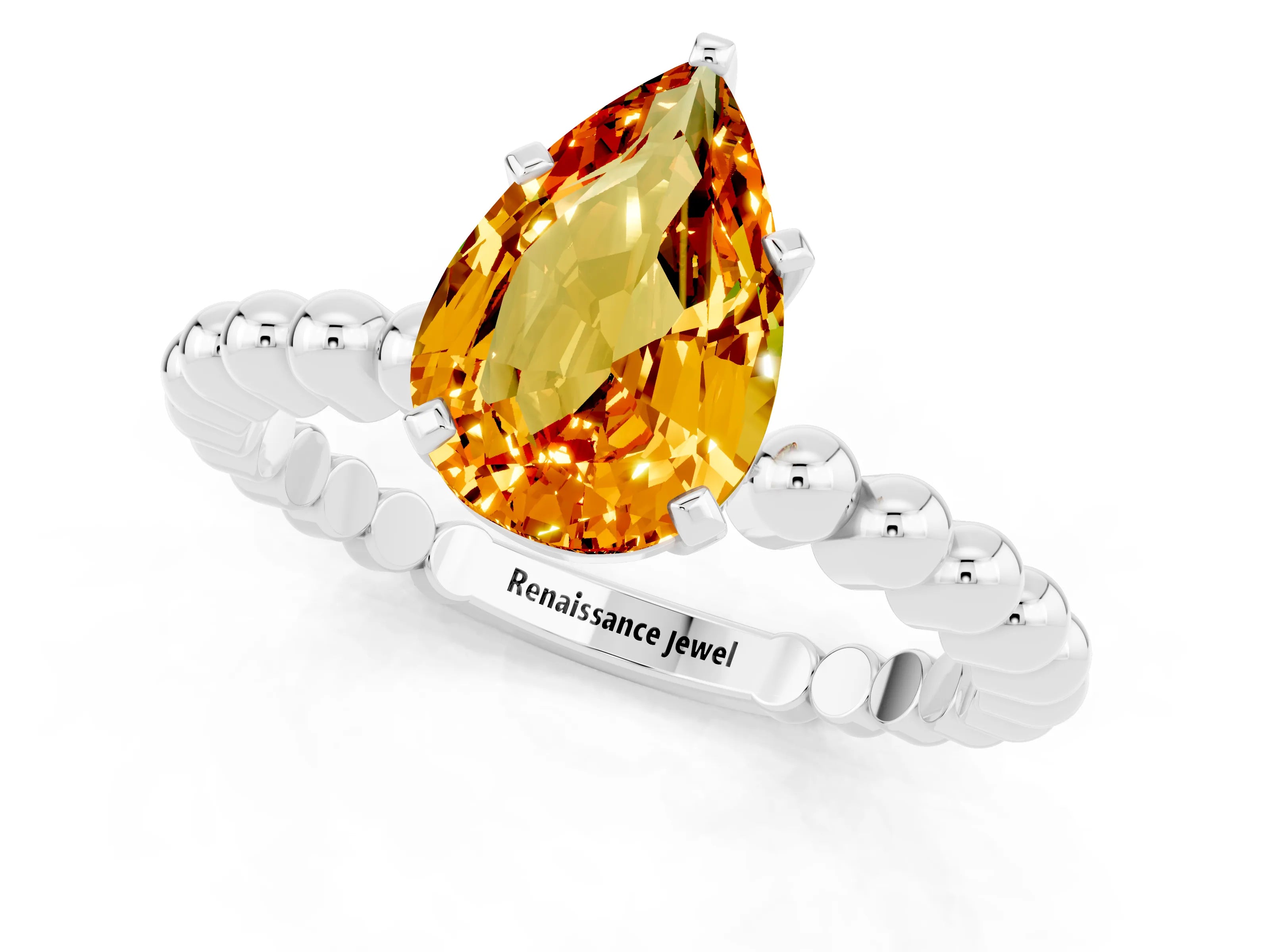 White gold Pear Cut Citrine Solitaire Ring with Beaded Band and Prong Setting_1