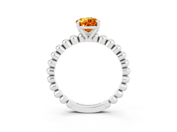 White gold Pear Cut Citrine Solitaire Ring with Beaded Band and Prong Setting