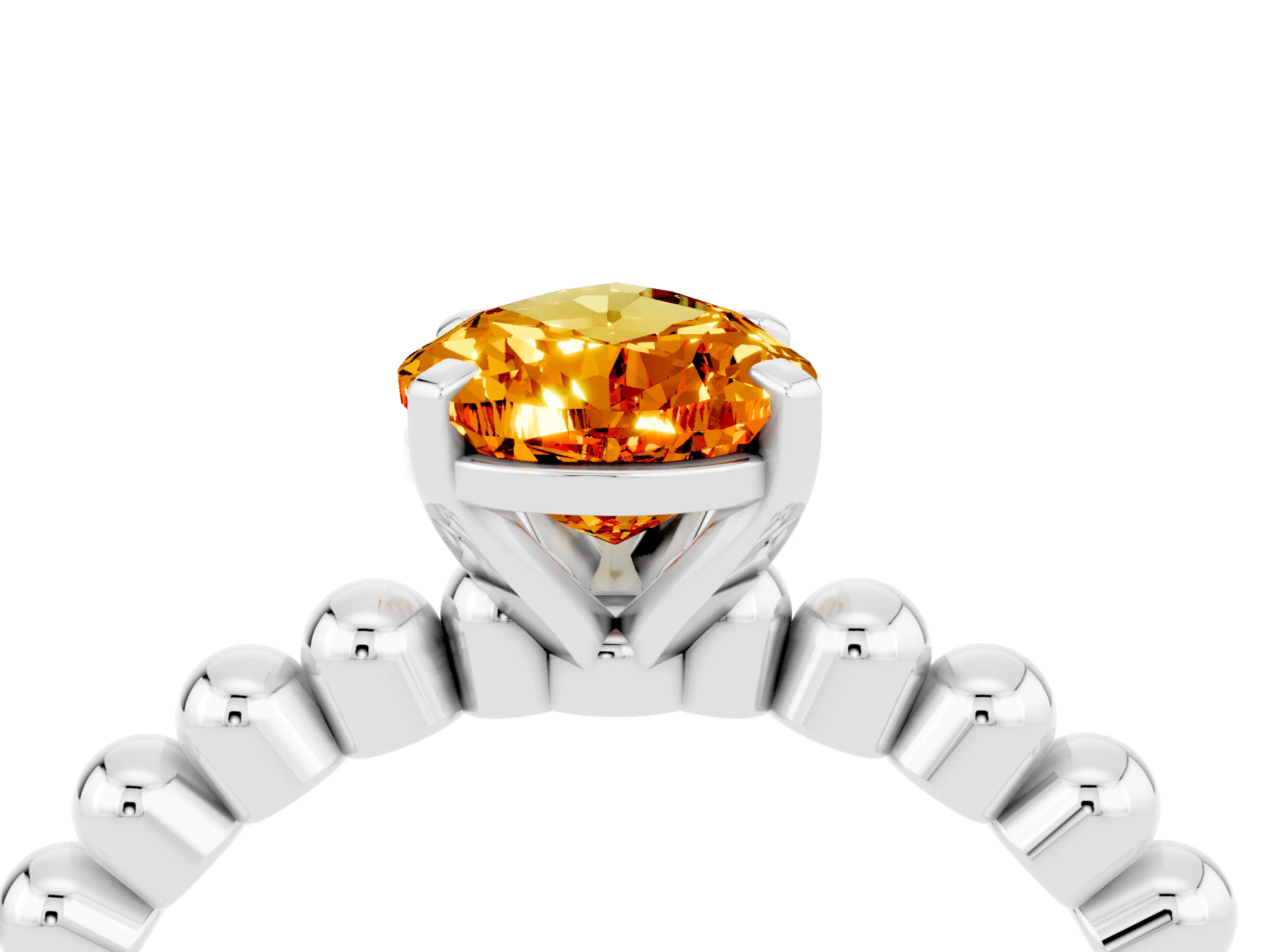 White gold Pear Cut Citrine Solitaire Ring with Beaded Band and Prong Setting_16