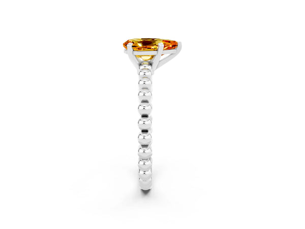 Platinum Pear Cut Citrine Solitaire Ring with Beaded Band and Prong Setting