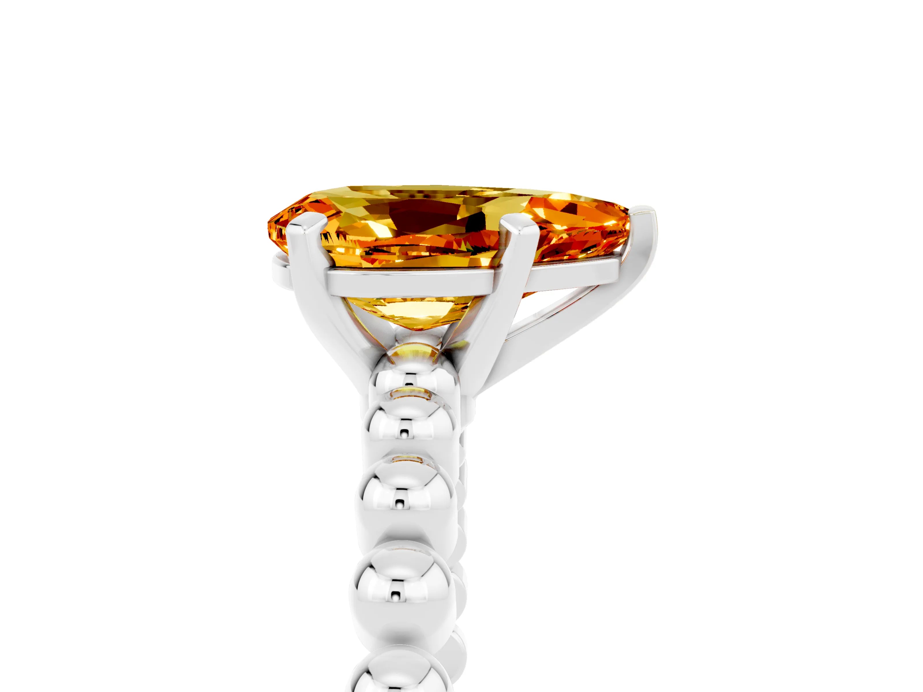 White gold Pear Cut Citrine Solitaire Ring with Beaded Band and Prong Setting_5