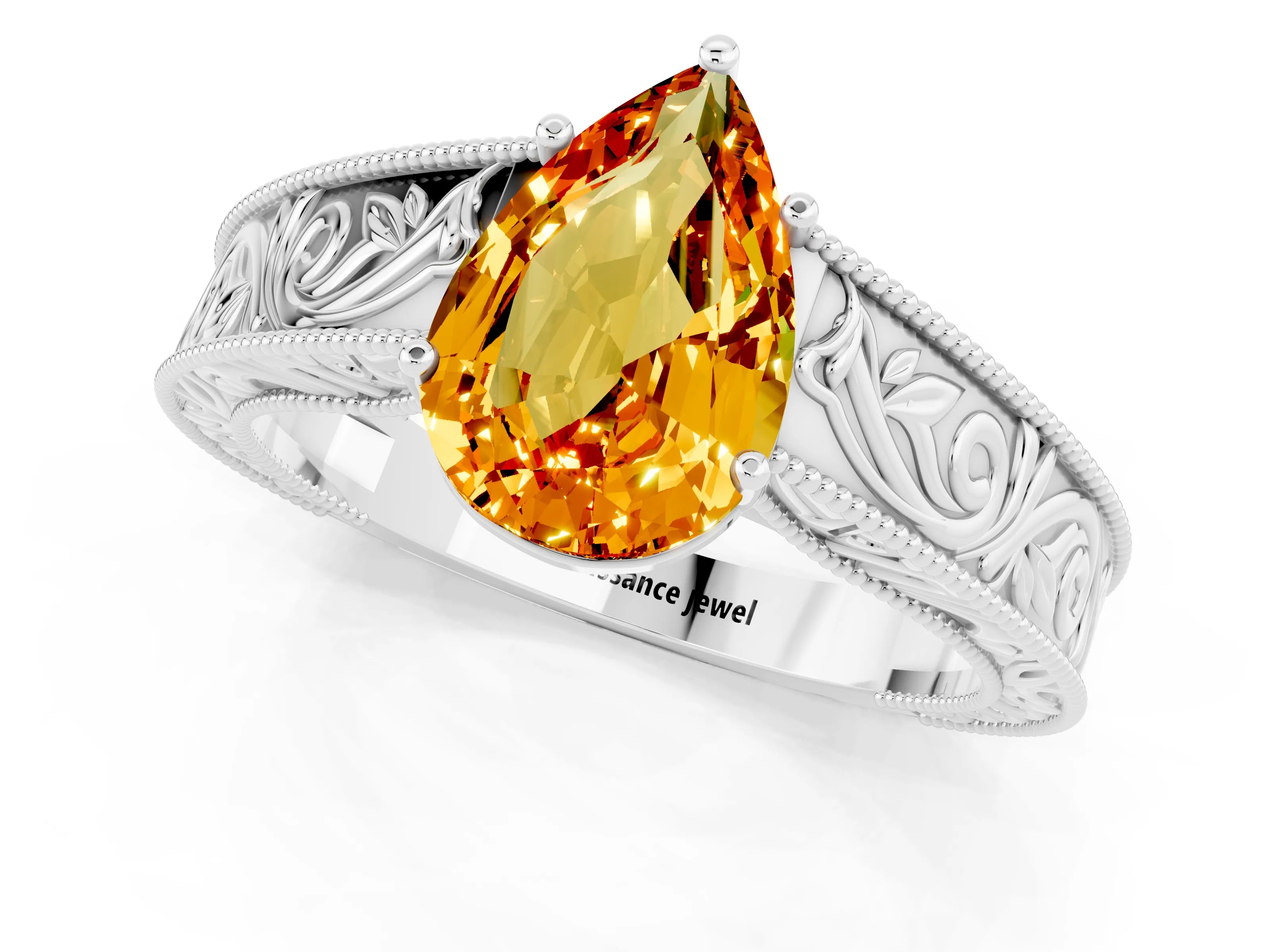 White gold Pear Cut Citrine Solitaire Ring with Engraved Band and Four-Prong Setting_1