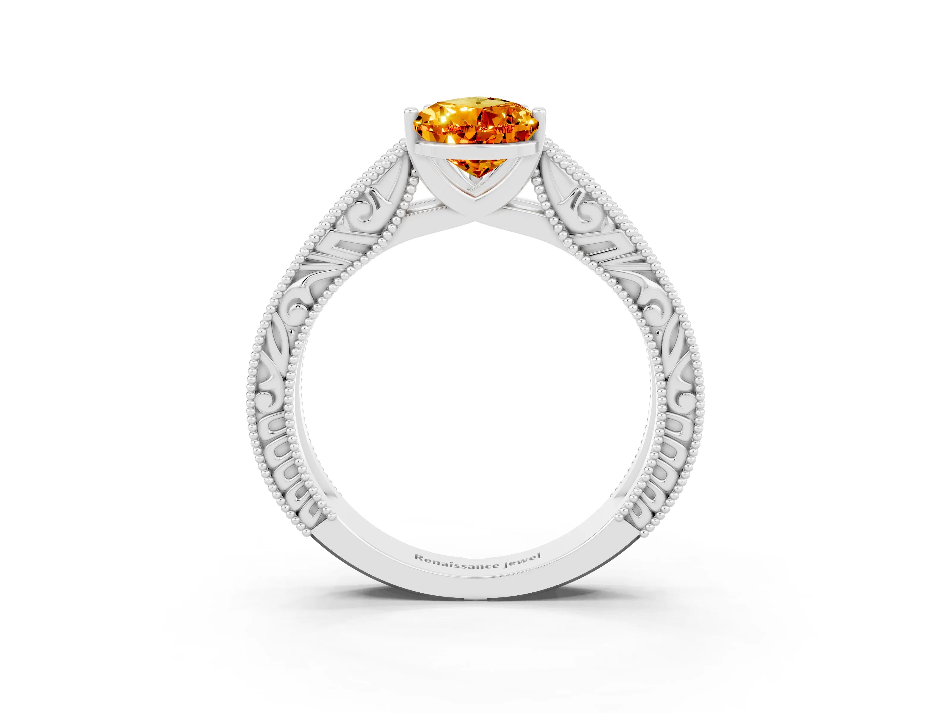 White gold Pear Cut Citrine Solitaire Ring with Engraved Band and Four-Prong Setting_3