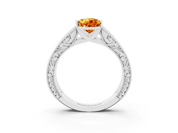 Platinum Pear Cut Citrine Solitaire Ring with Engraved Band and Four-Prong Setting