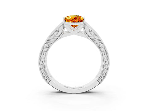 White gold Pear Cut Citrine Solitaire Ring with Engraved Band and Four-Prong Setting_3