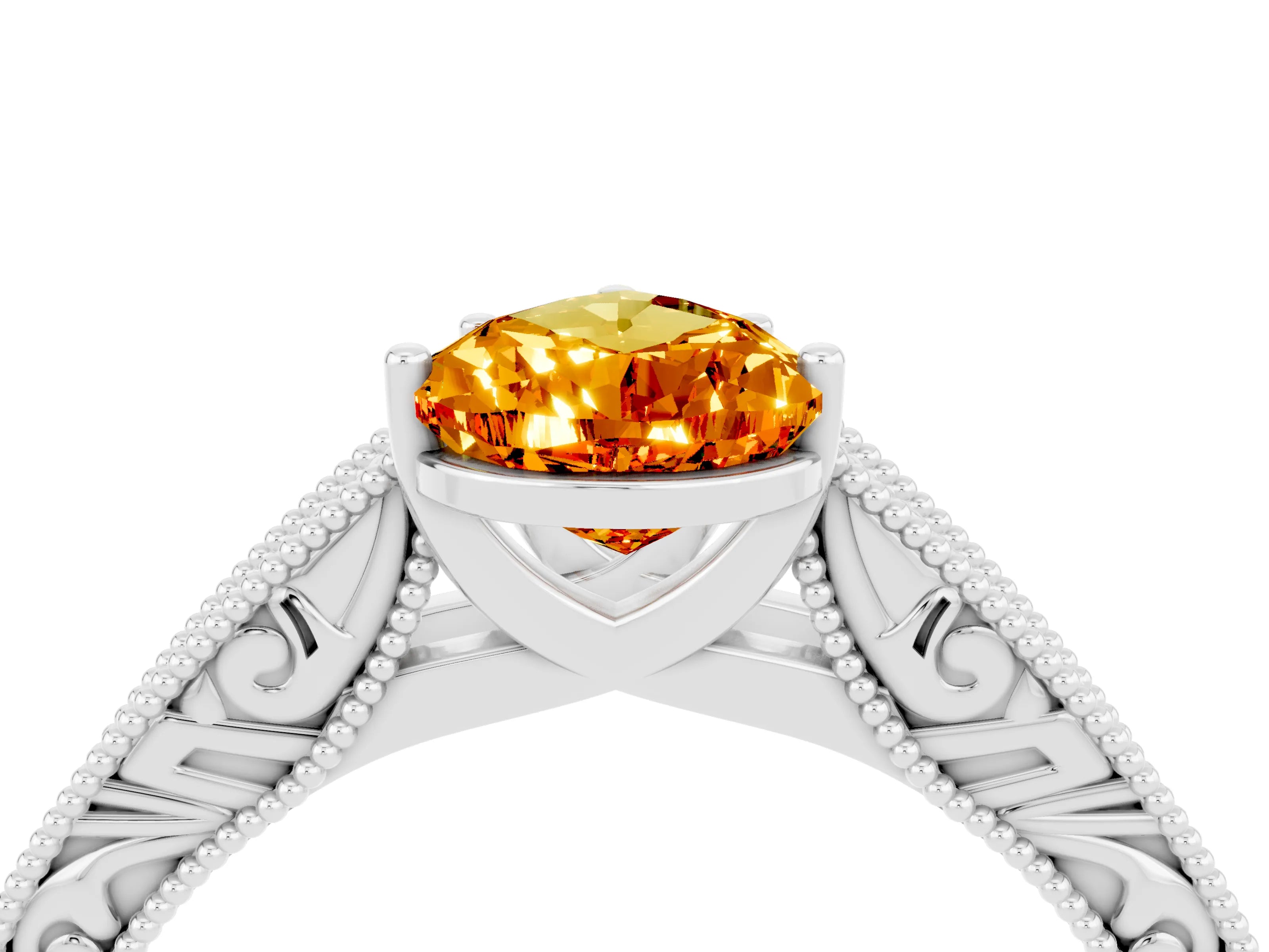 White gold Pear Cut Citrine Solitaire Ring with Engraved Band and Four-Prong Setting_4