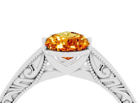 White gold Pear Cut Citrine Solitaire Ring with Engraved Band and Four-Prong Setting_4