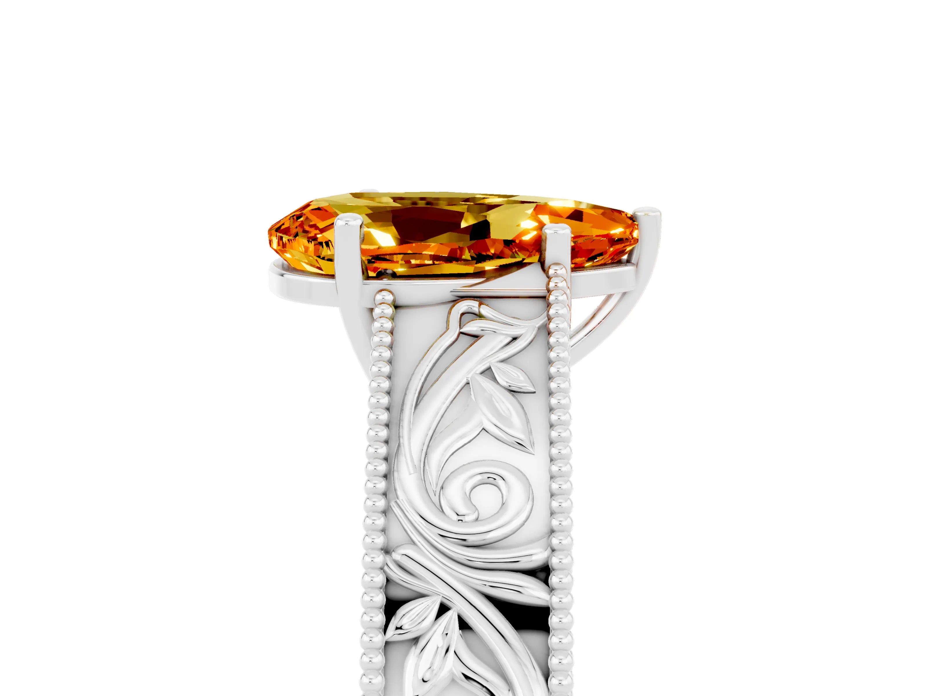 White gold Pear Cut Citrine Solitaire Ring with Engraved Band and Four-Prong Setting_5