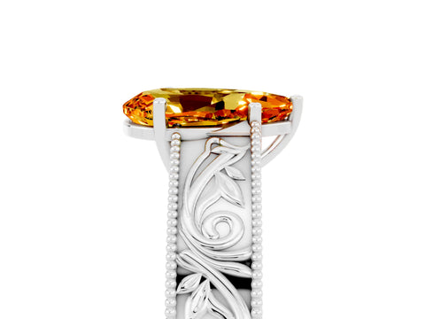White gold Pear Cut Citrine Solitaire Ring with Engraved Band and Four-Prong Setting_5