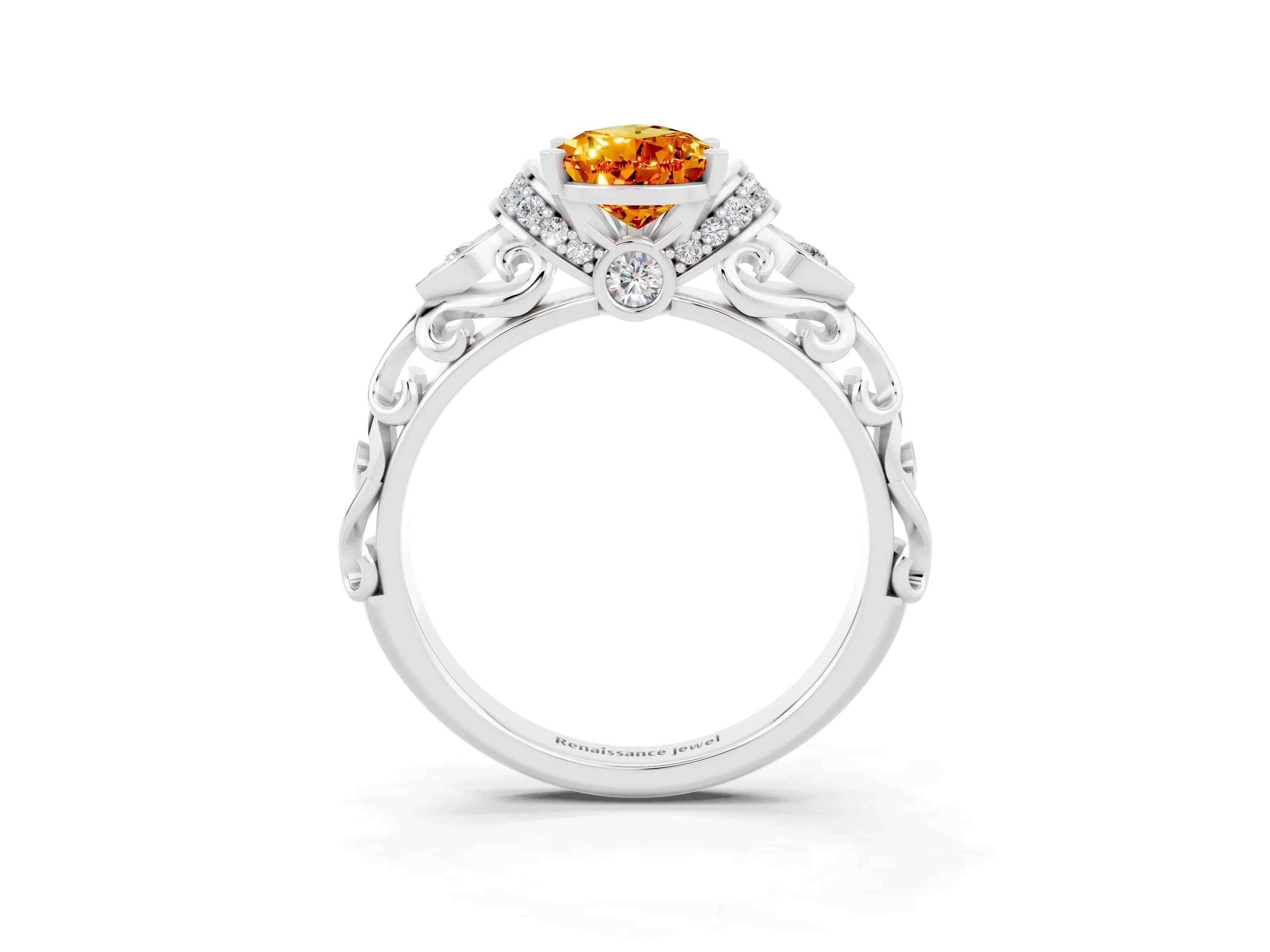 White gold Pear Cut Citrine Solitaire Ring with Filigree Band and Four-Prong Setting_27