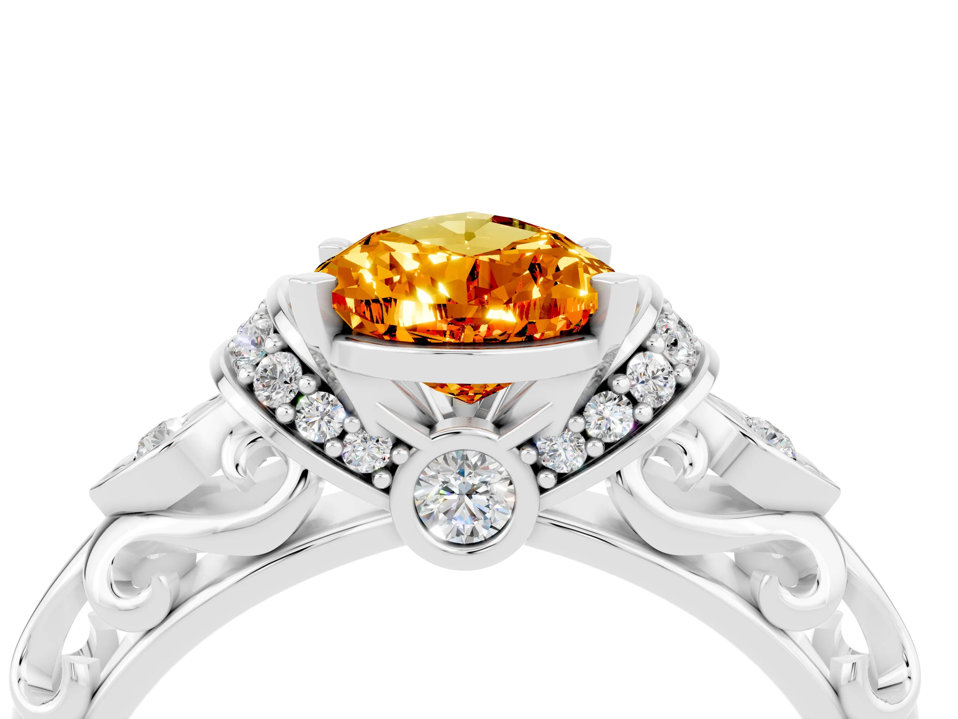 White gold Pear Cut Citrine Solitaire Ring with Filigree Band and Four-Prong Setting_28