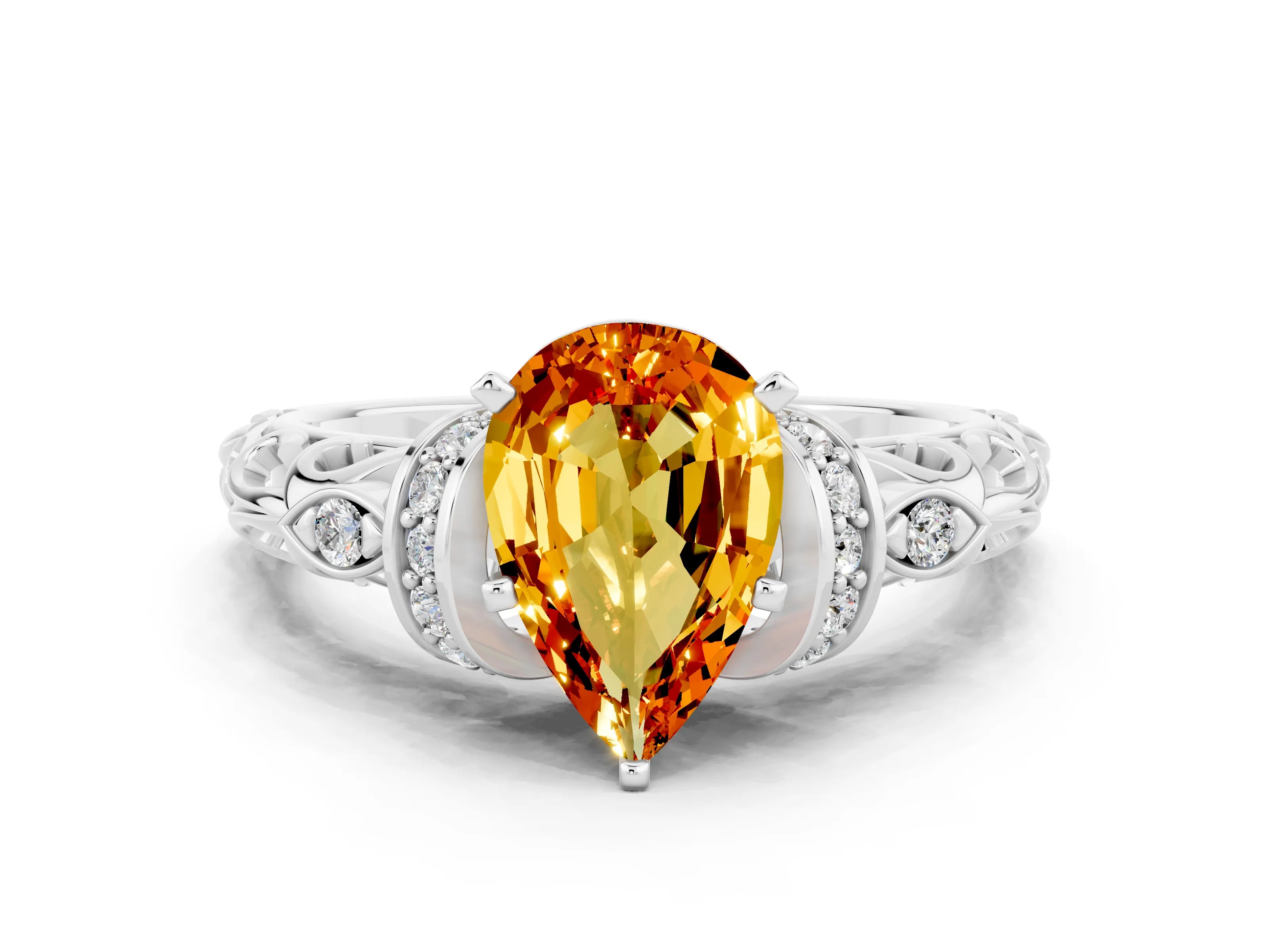 White gold Pear Cut Citrine Solitaire Ring with Filigree Band and Four-Prong Setting_36