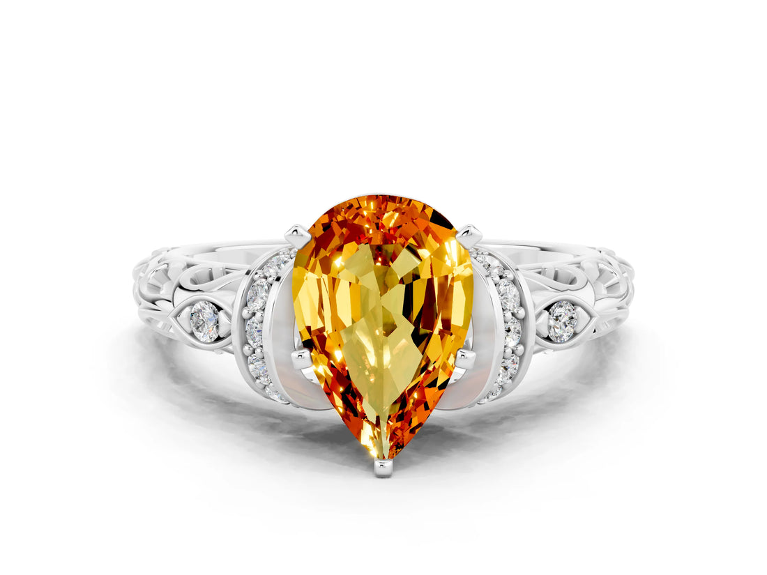 White gold Pear Cut Citrine Solitaire Ring with Filigree Band and Four-Prong Setting_36