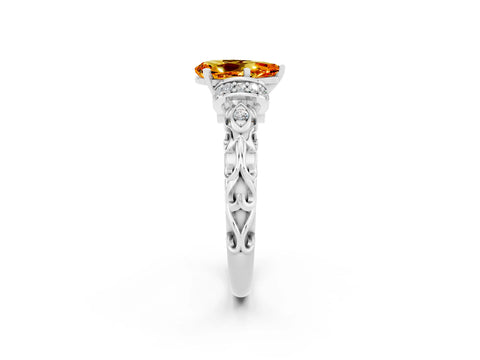 White gold Pear Cut Citrine Solitaire Ring with Filigree Band and Four-Prong Setting_36
