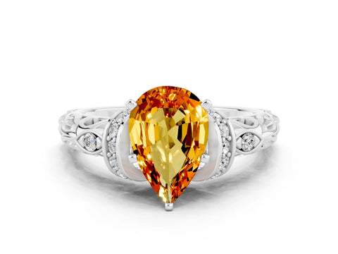 White gold Pear Cut Citrine Solitaire Ring with Filigree Band and Four-Prong Setting_36