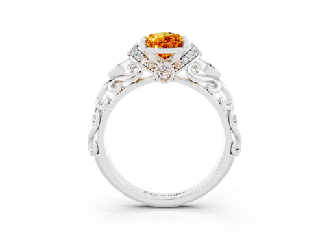 White gold Pear Cut Citrine Solitaire Ring with Filigree Band and Four-Prong Setting_37
