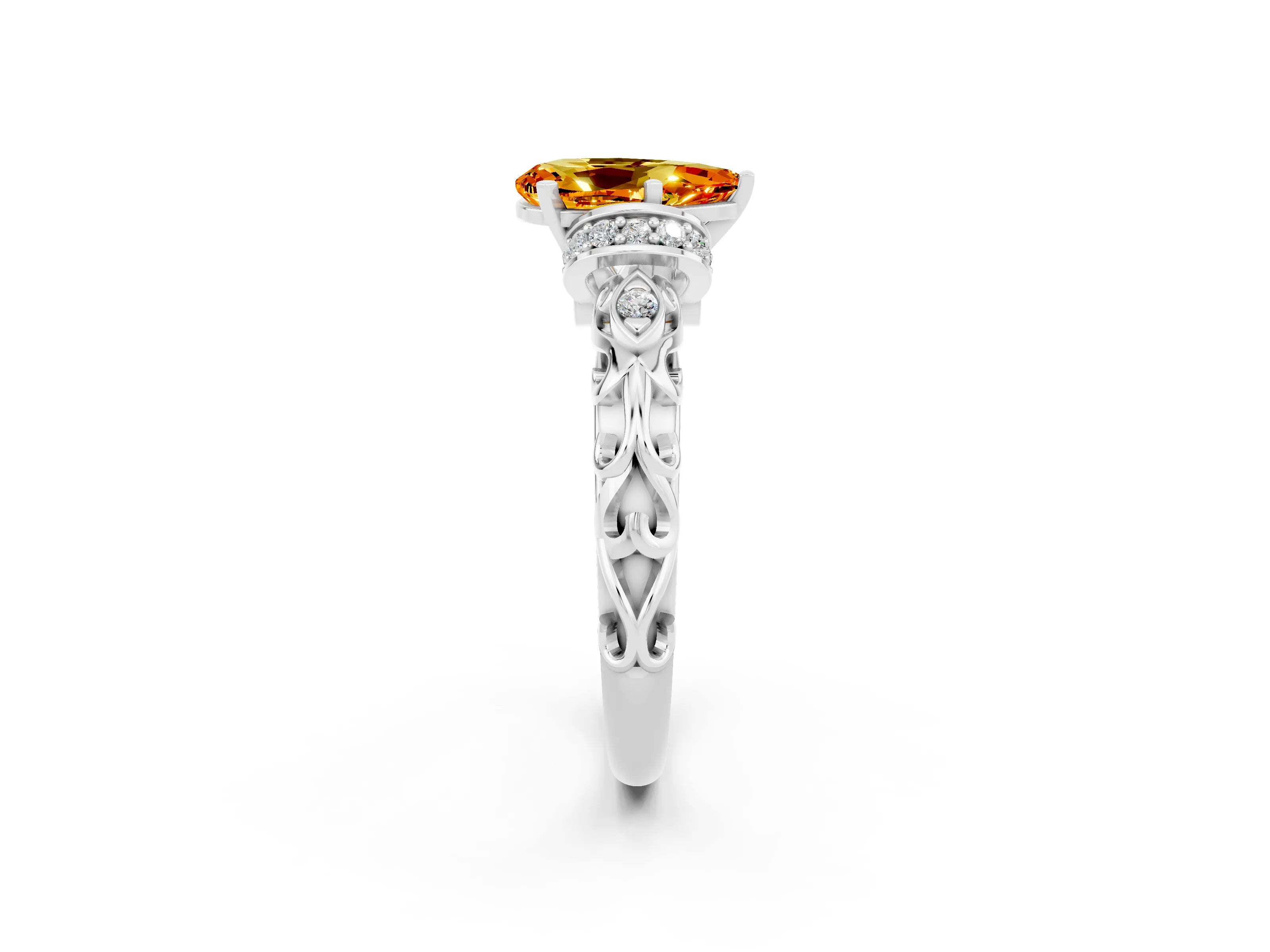 White gold Pear Cut Citrine Solitaire Ring with Filigree Band and Four-Prong Setting_38