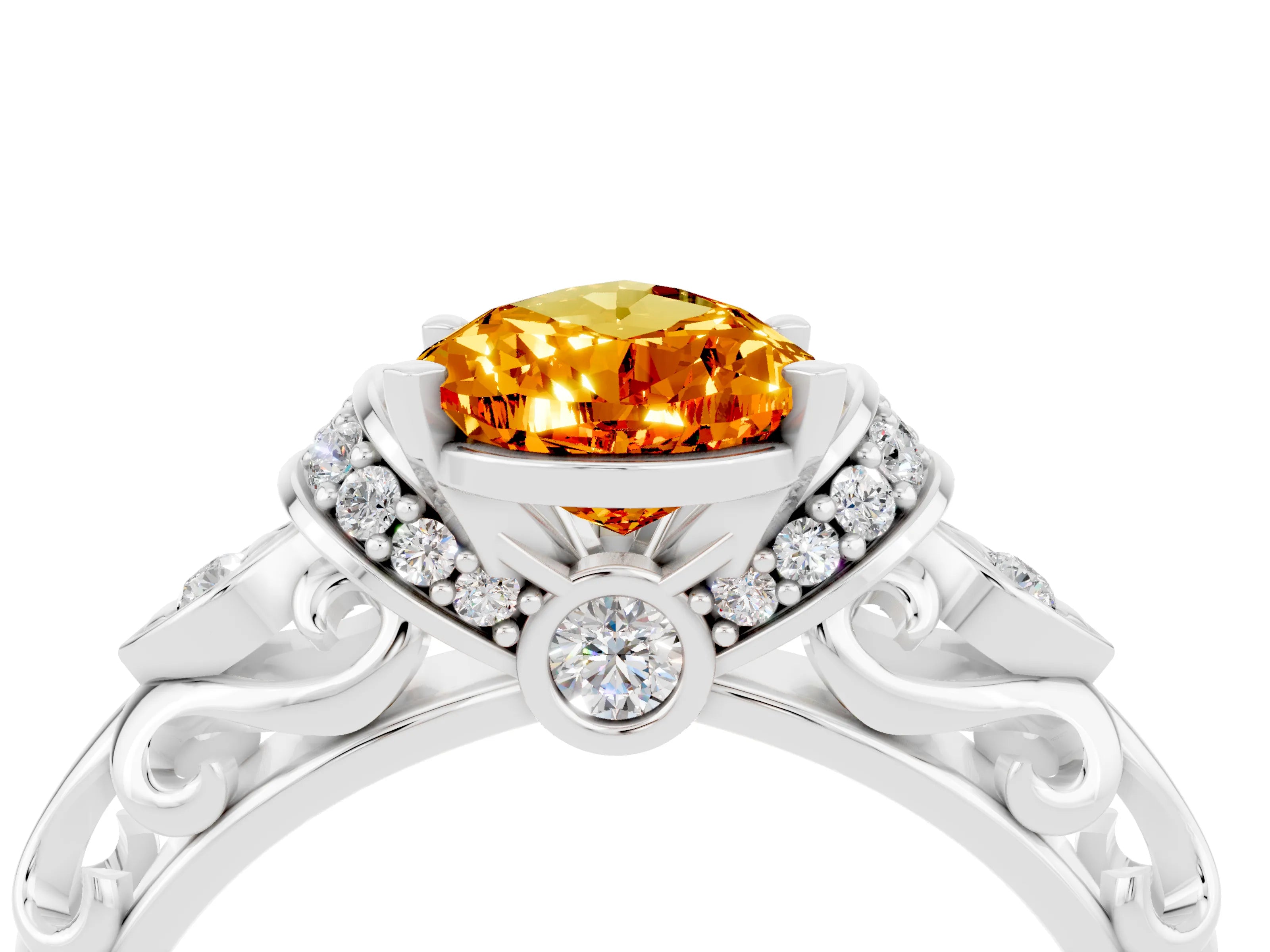 White gold Pear Cut Citrine Solitaire Ring with Filigree Band and Four-Prong Setting_38