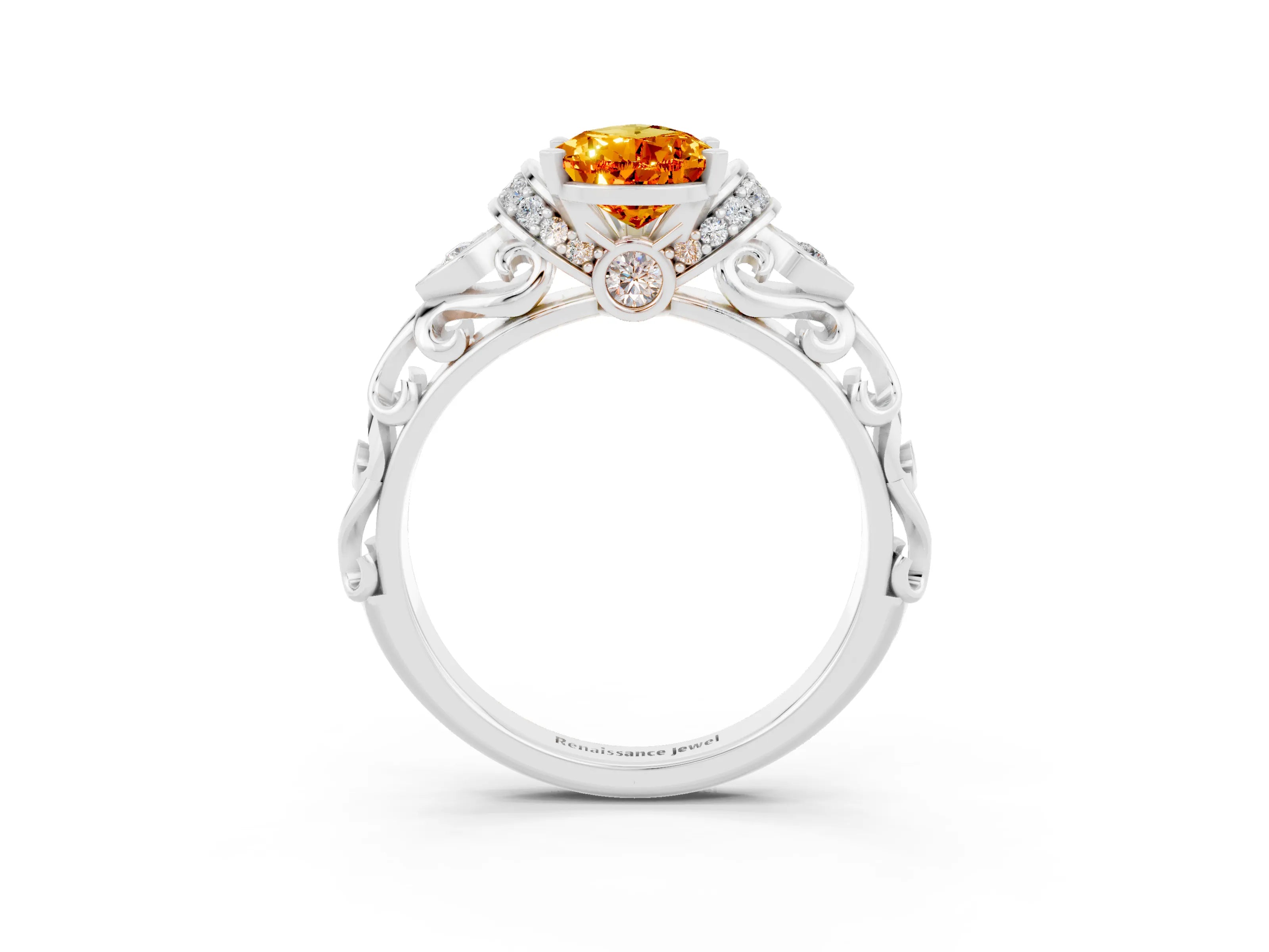 White gold Pear Cut Citrine Solitaire Ring with Filigree Band and Four-Prong Setting_39