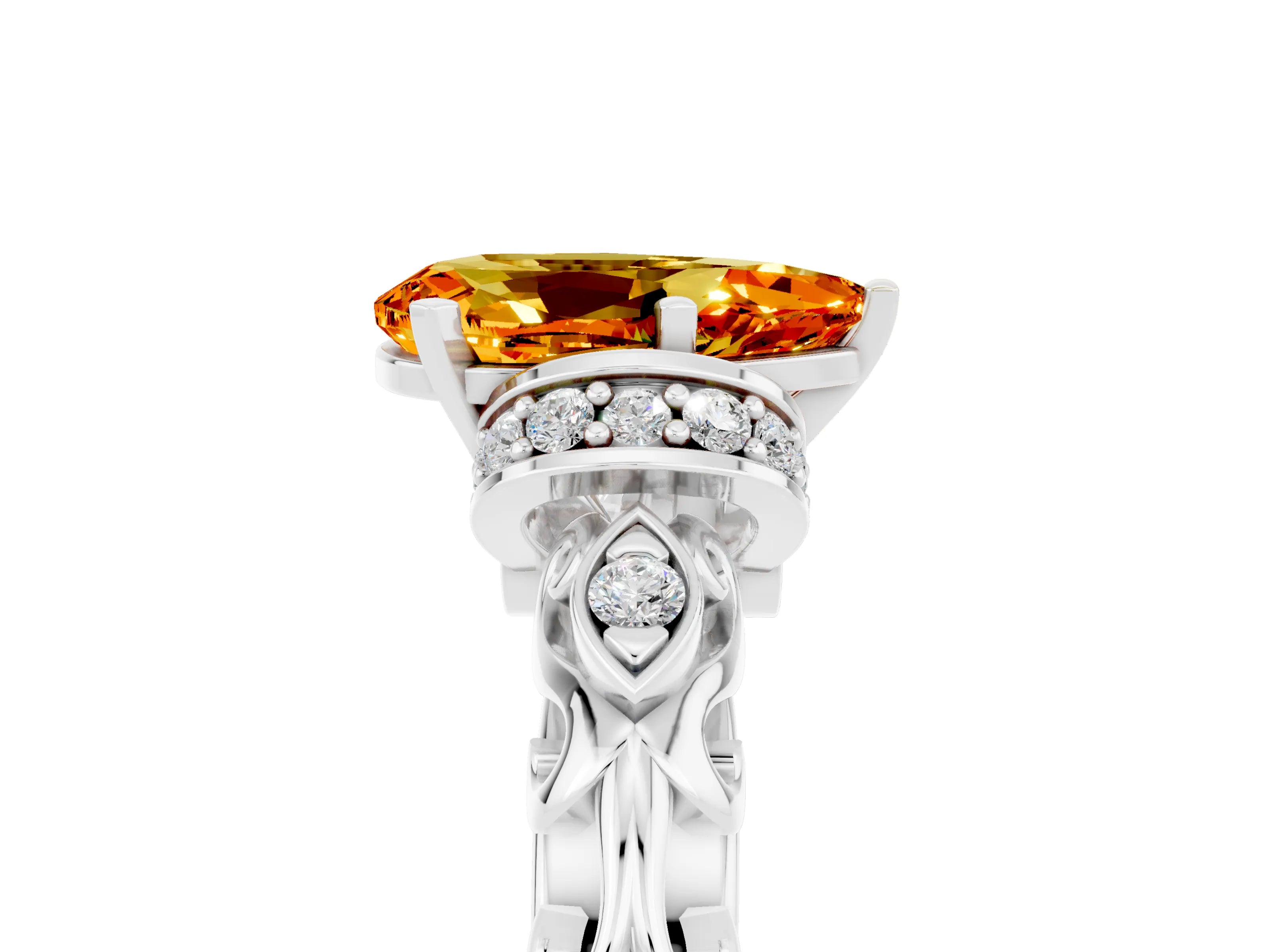 White gold Pear Cut Citrine Solitaire Ring with Filigree Band and Four-Prong Setting_41