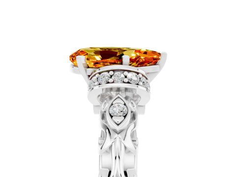 White gold Pear Cut Citrine Solitaire Ring with Filigree Band and Four-Prong Setting_41