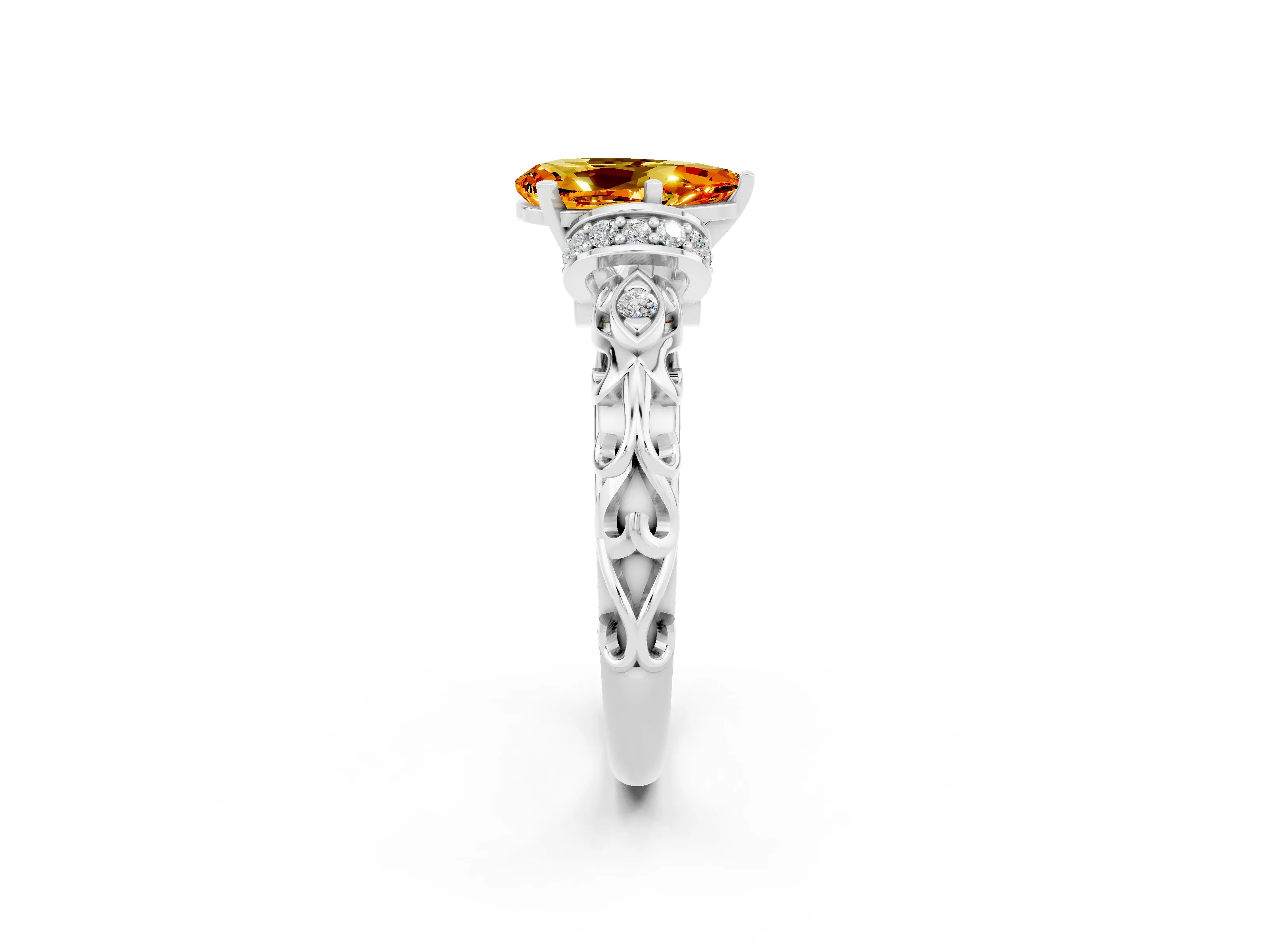 White gold Pear Cut Citrine Solitaire Ring with Filigree Band and Four-Prong Setting_48