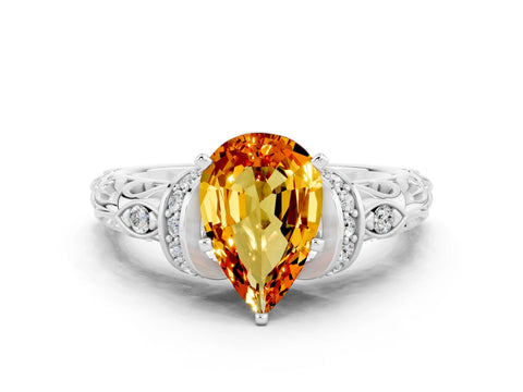 White gold Pear Cut Citrine Solitaire Ring with Filigree Band and Four-Prong Setting_48