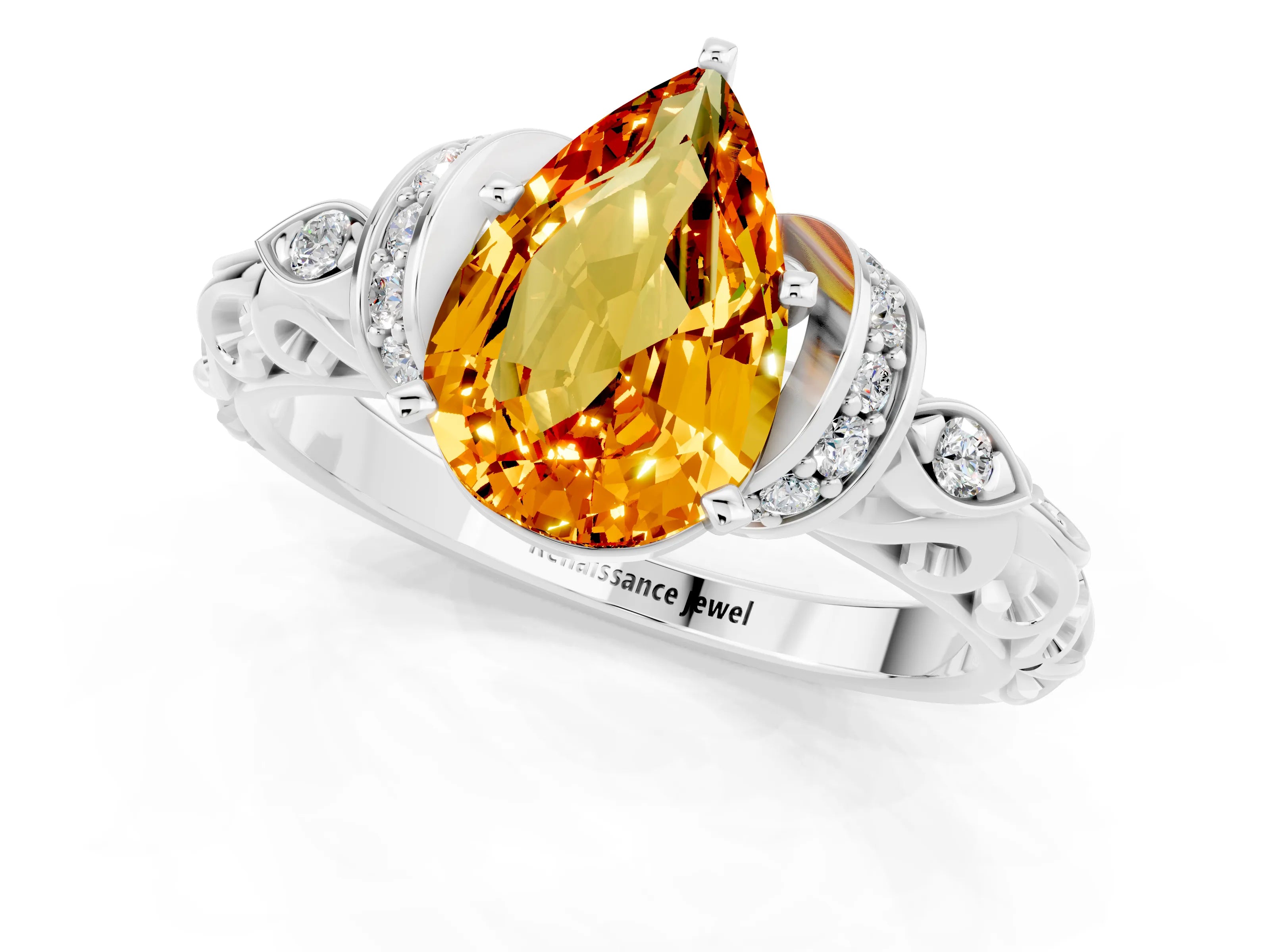 White gold Pear Cut Citrine Solitaire Ring with Filigree Band and Four-Prong Setting_49