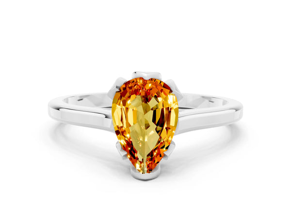 White gold Pear Cut Citrine Solitaire Ring with Flower Prong Setting and Classic Band