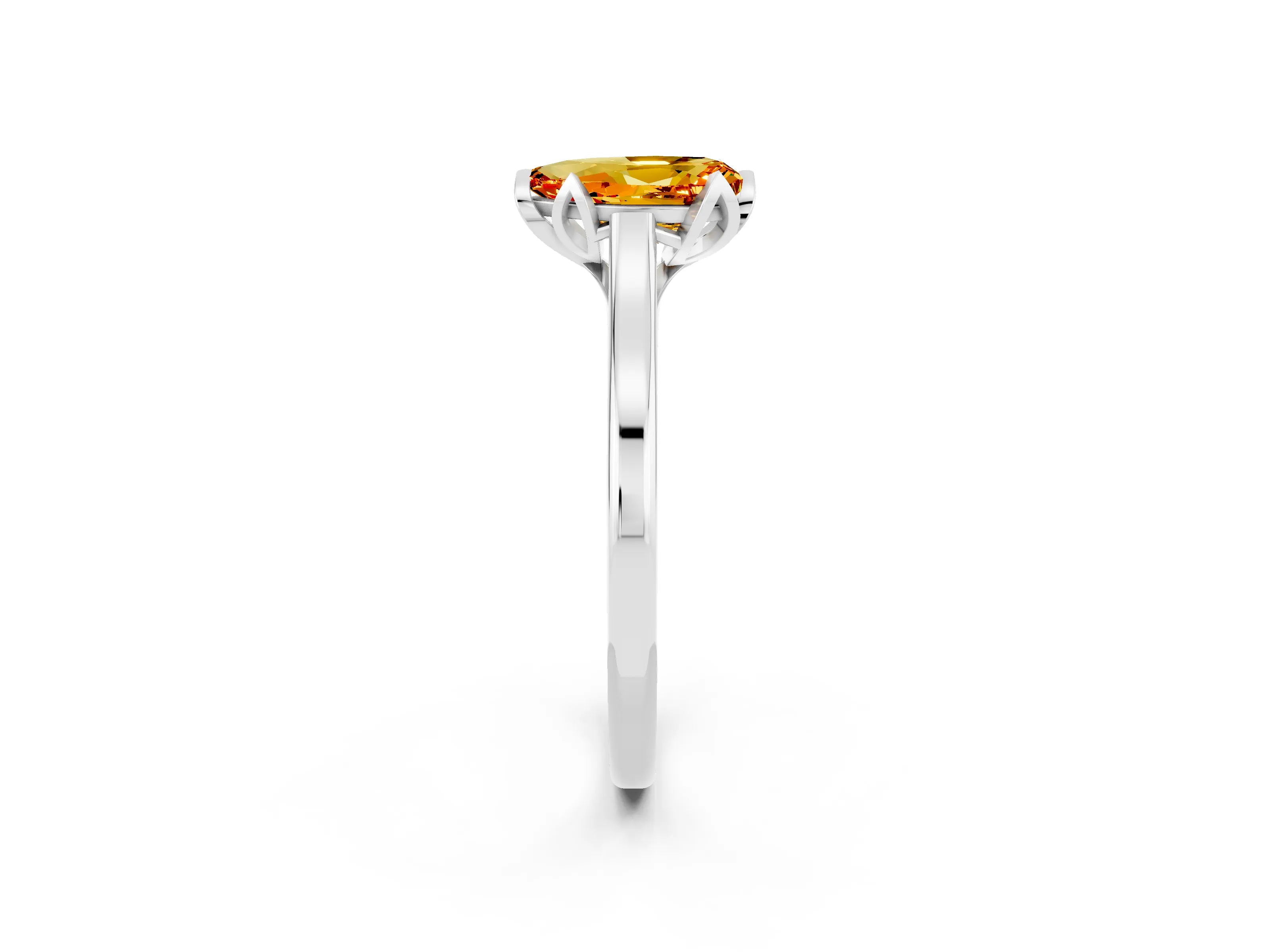 White gold Pear Cut Citrine Solitaire Ring with Flower Prong Setting and Classic Band_14