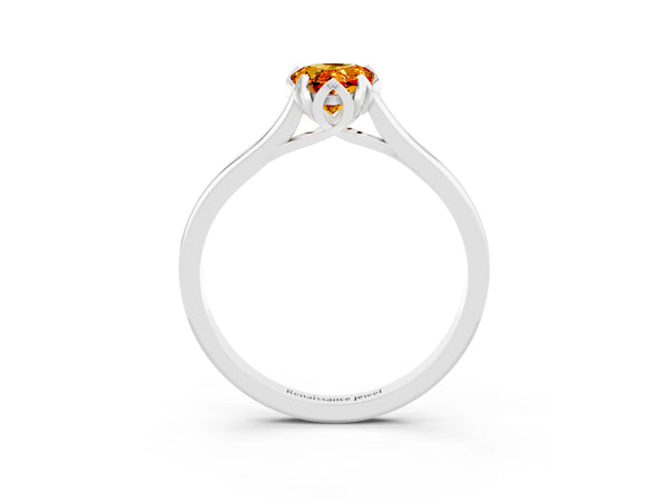 Silver Pear Cut Citrine Solitaire Ring with Flower Prong Setting and Classic Band