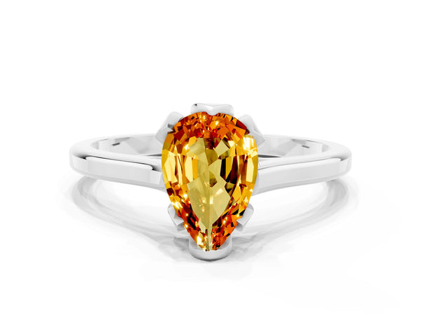 White gold Pear Cut Citrine Solitaire Ring with Flower Prong Setting and Classic Band