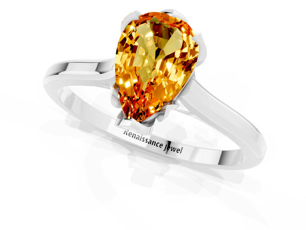 White gold Pear Cut Citrine Solitaire Ring with Flower Prong Setting and Classic Band