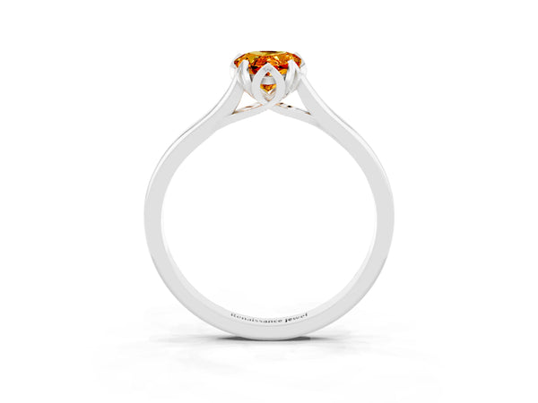 White gold Pear Cut Citrine Solitaire Ring with Flower Prong Setting and Classic Band
