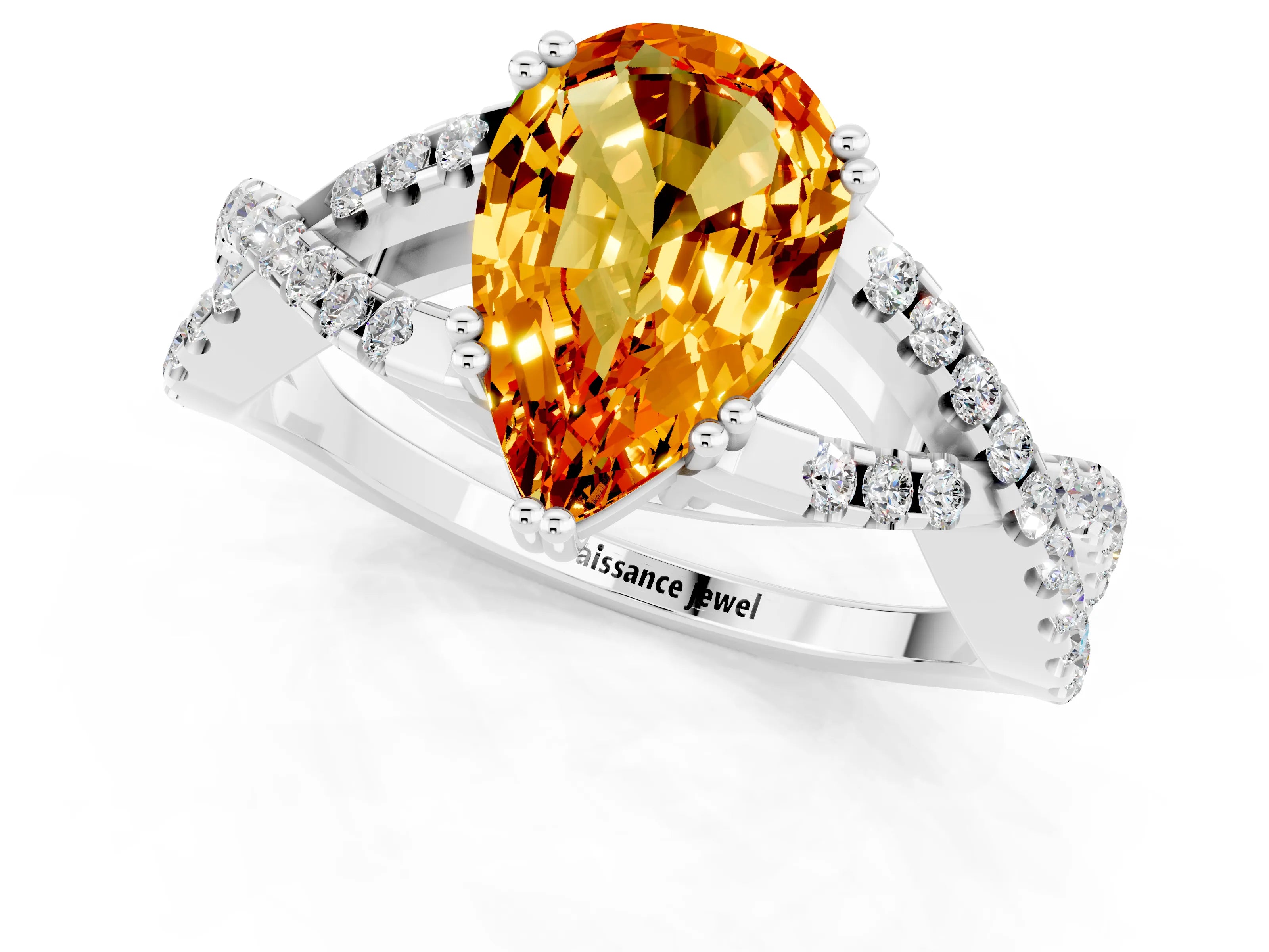White gold Pear Cut Citrine Solitaire Ring with Four-Prong Setting and Twisted Pavé Band_1