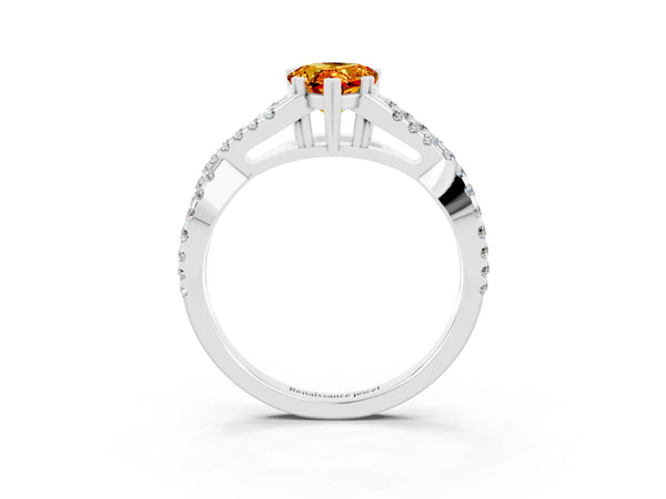 Platinum Pear Cut Citrine Solitaire Ring with Four-Prong Setting and Twisted Pavé Band