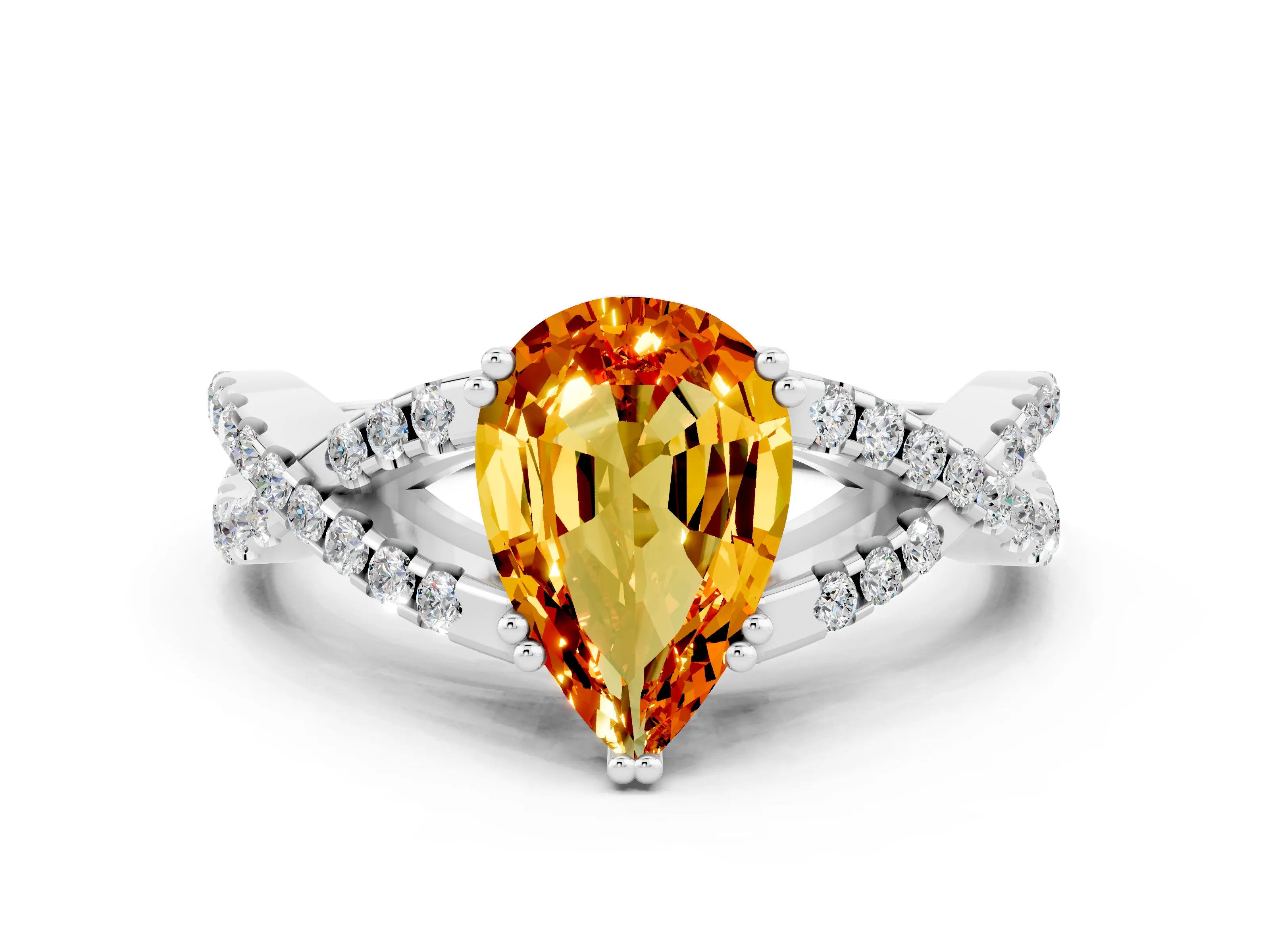White gold Pear Cut Citrine Solitaire Ring with Four-Prong Setting and Twisted Pavé Band