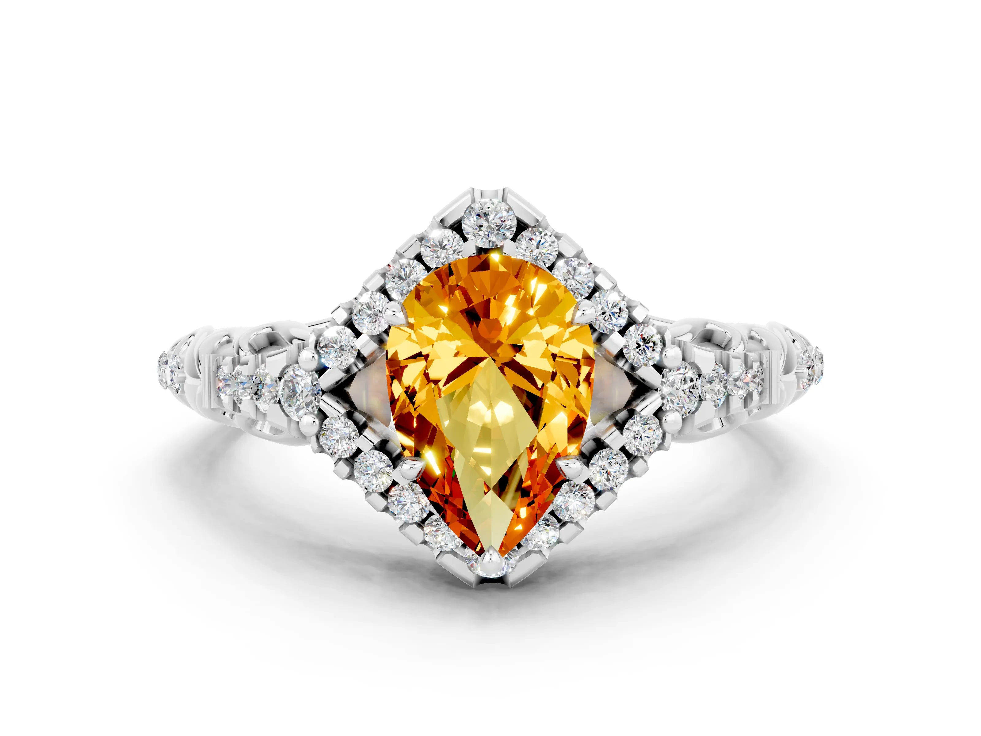 White gold Pear Cut Citrine Solitaire Ring with Hidden Halo and Pavé Band_12